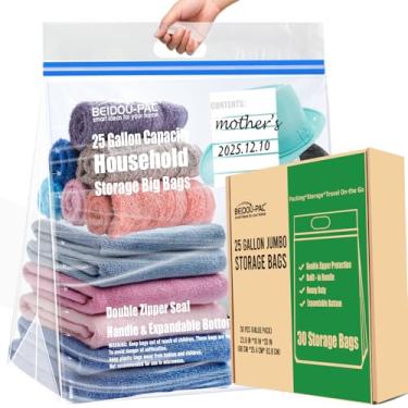 Imagem de BEIDOU-PAC Sacos de armazenamento jumbo de 25 galões com alça, 30 unidades | Vedação de zíper duplo | Fundo expansível, sacos com zíper transparente resseláveis para viagens em casa, mudança