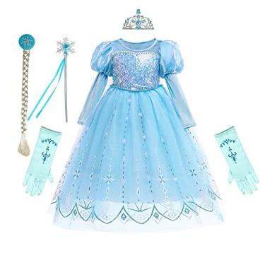 Imagem de REXREII Girls Frozen Elsa Princess Dress Long Sleeves Carnival Costume Christmas Birthday Evening Party Ball Gown w/Accessories 7-8T