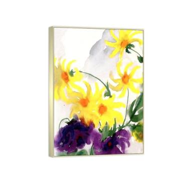 Imagem de BMZFYBS Arte de parede em tela de flores reprodução de pintura famosa - imagens de moldura prata para sala de estar - dálias amarelas e roxas - pôster e impressões 50 x 70 cm 20 x 27 pol