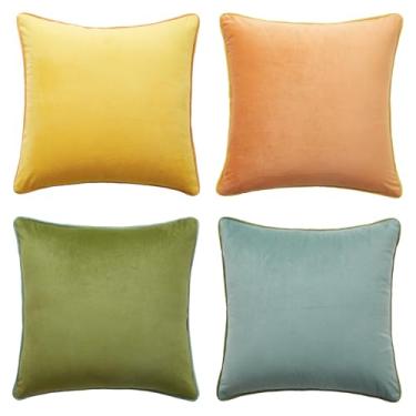 Imagem de MONDAY MOOSE Capas de almofada decorativas, conjunto de 4 designs modernos frente e verso de veludo macio, misture e combine para decoração de casa, almofadas não incluídas (41 x 40 cm, amarelo/verde)