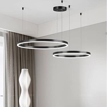 Imagem de Luminária pendente moderna em forma de anel, lustre ajustável em altura, regulável com controle remoto, luz de teto, luminária pendente para mesa de jantar (preta, 2 voltas: D40+60cm)