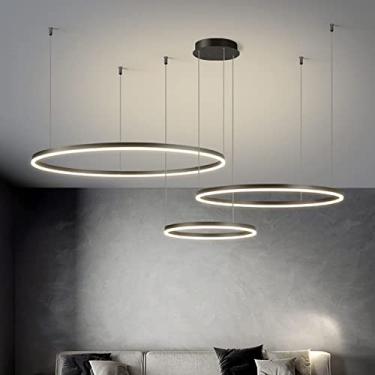 Imagem de Lustre LED contemporâneo regulável com controle remoto, luminária pendente de metal e acrílico, anéis escovados, luminária de teto para sala de estar, quarto, hall de entrada, sala de jantar