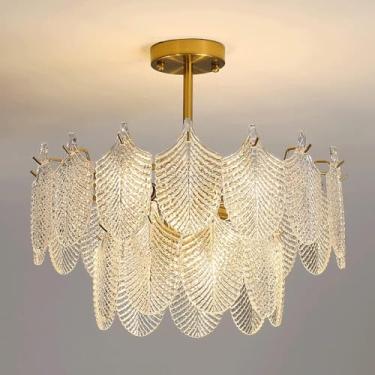 Imagem de 6 Luzes Lustres De Vidro Modernos Para Sala De Jantar Vintage Dourado Sala De Estar Semi Embutido Luminárias De Teto Grande Lustre De Tambor Redondo Para Hall De Entrada Quarto Cozinha Ilha