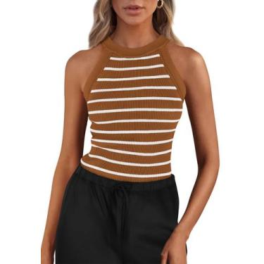 Imagem de Camiseta regata feminina PRETTYGARDEN, gola alta, café listrado