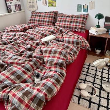 Imagem de Jogo de cama King xadrez vermelho marrom búfalo 3 peças de algodão lavado quadriculado xadrez vintage capa de edredom de luxo guingão capa de edredom respirável com laços com zíper