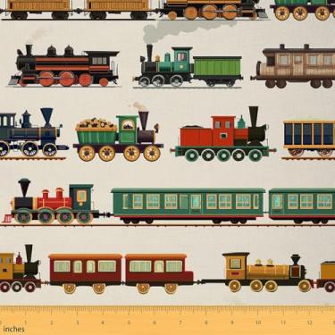 Imagem de Tecido decorativo de trem vintage da The Yard Cartoon Train Car Interior Exterior Tecido de Transporte Veículos de Transporte para Quilting Costura Artes DIY Artesanato, 2 metros, 182 cm C x 150 cm L