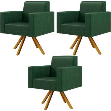 Imagem de Kit 03 Poltronas Decorativa Base Giratória de Madeira Helô L02 Facto Verde Musgo - Lyam Decor