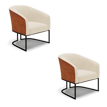 Imagem de Poltrona Decorativa Industrial Preto Kit 2 Stella Nozes/Linho Bege D03 - D'Rossi