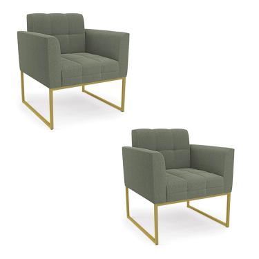 Imagem de Poltrona Decorativa Industrial Dourado Kit 2 Elisa Bouclê Verde Pistache D03 - D'Rossi