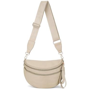 Imagem de hibear Bolsa tiracolo feminina de cor pura, bolsa transversal espaçosa de nylon, pochete grande e despojada, Bege, Despojado