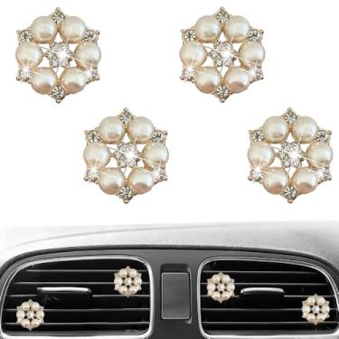 Imagem de 4 peças de clipes de ventilação de flores brilhantes fofos, purificadores de ar, difusor com pingente de decoração de interiores de strass, acessórios de decoração de diamante para mulheres e meninas