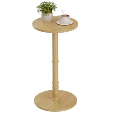 Imagem de Homleke Mesa lateral redonda, coluna de madeira maciça com parte superior e base de madeira, mesa pequena com detalhes para sala de estar, quarto, sofá e escritório, fácil montagem, natural