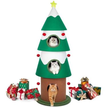 Imagem de Árvore para gatos, torre de árvore de Natal para gatos internos, árvore de Natal com vários níveis de 152 cm com ornamentos, segura para gatos e casa de gatinho de férias