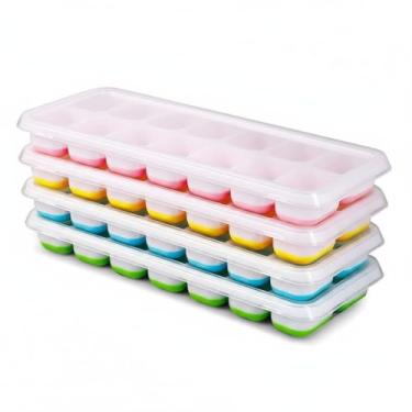 Imagem de Forma de Gelo com Tampa, 14 Cubos, Fundo Flexível em Silicone, 25 x 9,7 x 2,7 cm, Cores Sortidas