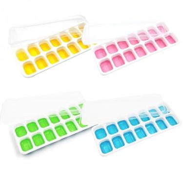 Imagem de Formas de Gelo Silicone Com Tampa Rígida Flexível Fundo Retangular 14 Cubos Multiuso Lavável(4pcs Azul Amarelo Rosa Verde)