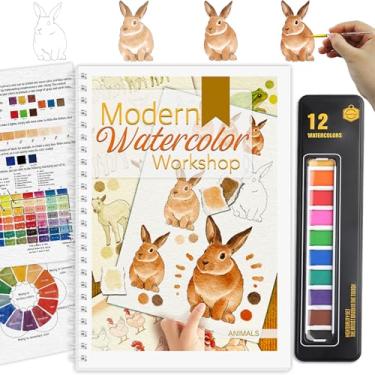 Imagem de Livro de exercícios em aquarela, livro de colorir com 12 padrões, livros de aquarela para iniciantes com 12 cores de tinta e pincel, conjunto de tinta de aquarela, estresse - presente para alívio de