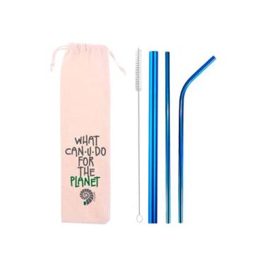 Imagem de Kit Canudos de Inox 5 em 1 – 3 Canudos Reutilizáveis com Shake (8mm) + Escova + Ecobag Ecológica (Azul)