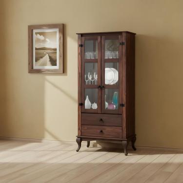 Imagem de Cristaleira Rústica Portas De Vidro Madeira Maciça 2 Gavetas - Imbuia