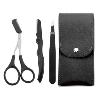 Imagem de Generic Conjunto de depilação de sobrancelhas com 3 peças – Kit compacto de tosador de sobrancelhas com tesouras, lâminas, pinças – preto, aço inoxidável