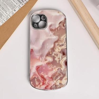 Imagem de Capa compatível com iPhone 13, capa de telefone com estilo quebra-cabeça rosa, capa de vidro com acabamento metálico, lente de câmera completa durável, à prova de choque, recortes de botão precisos