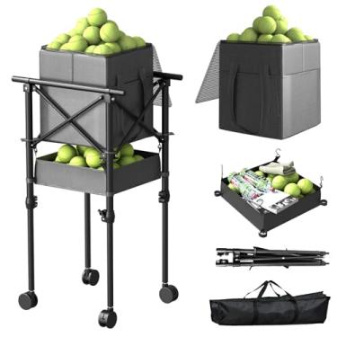 Imagem de wasoyun Tremonha de bola de tênis com rodas – Cesta de bola de tênis dobrável ajustável em altura com bolsa de armazenamento bola de doces para 150 pickleball e tênis