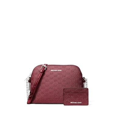 Imagem de Michael Kors Bolsa tiracolo Jet Set Dome com estojo para cartão, ferragens prateadas/glitter em relevo MK/Oxblood