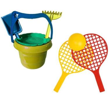 Imagem de Kit Baldinho Balde Praia Castelinho + Par Raquete Bolinha Brinquedo In