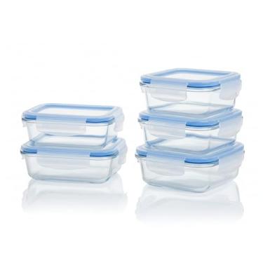 Imagem de Conjunto 5 Potes 640ml Vidro Hermético 4 Travas Marmita Refratario Fit Microondas Freezer Tampa Hermetica Retangular