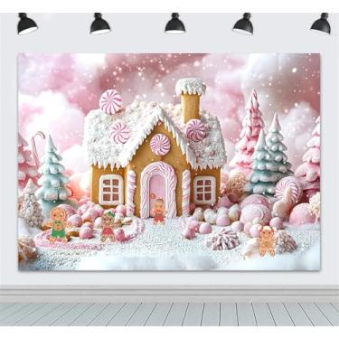 Imagem de ZhrGoflli 2,1 x 1,5 m Pano de fundo de pão de gengibre de Natal pirulitos rosa casa de gengibre fotografia tema natal decoração banner