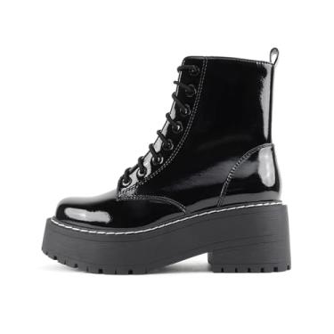 Imagem de Soda FLING Bota feminina de cano curto com sola grossa com cadarço e zíper lateral, Patente preta, 8.5 Wide