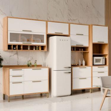 Imagem de Armário de Cozinha Modulada com Balcão e Tampo 10 Portas 6 Gavetas ágata 100% Mdf Vidro Reflecta Amêndoa/Branco - Pnr Móveis