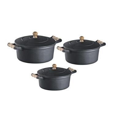 Imagem de Jogo 3 Caçarolas Ferro E Alça Madeira 5,9, 7,6 E 9,8 Litros.
