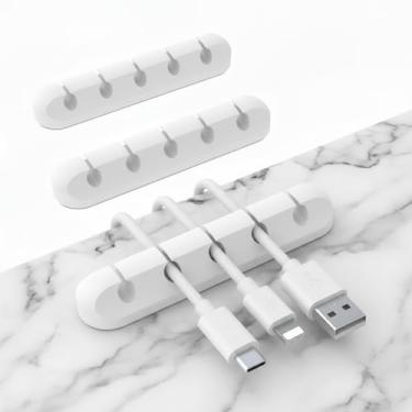 Imagem de Pacote com 3 organizadores de cabos, gerenciamento de cabos adesivos de fácil segurança, suporte de fio, cabo carregador USB oculto ou organizado, branco