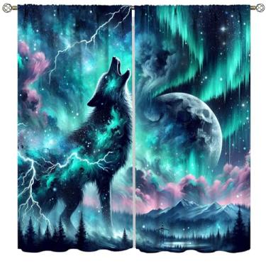 Imagem de Cortinas de lobo, lobo uivante aurora cenário natural cortinas para meninos meninas quarto sala de estar cozinha janela tratamento conjunto 2 painéis tamanho total 106,7 cm L x 114,3 cm C polegadas