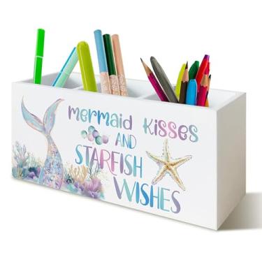 Imagem de YTRGI Porta-lápis de sereia pastel para mesa, presentes de sereia para meninas, mulheres, oceano costeiro, estrela-do-mar, coral, caixa de madeira, placa de bloco para casa, sala de aula, dormitório