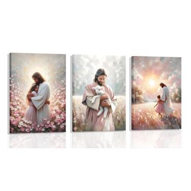 Imagem de 3 peças de arte de parede em tela de Jesus cristão emoldurado abraços menina cordeiro anda com menina rosa e fé pinturas impressões de arte cristã decoração adequada para quarto sala de oração