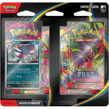 Imagem de Blister Quadruplo Pokémon Me02 Fogo Fantasmagorico Weavile Copag 25 Cartas