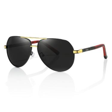 Imagem de JOLLYNOVA Óculos de sol aviador masculino retrô polarizado UV400 dobradiças de mola TR90 óculos leves premium, Armação dourada vermelha com lente preta, 63MM