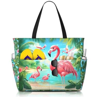 Imagem de Bolsas de praia femininas com estampa fofa, à prova d'água, à prova de areia, bolsa feminina com zíper, bolsas coloridas de piscina para academia e viagens, Flamingo, One Size, Flamingo
