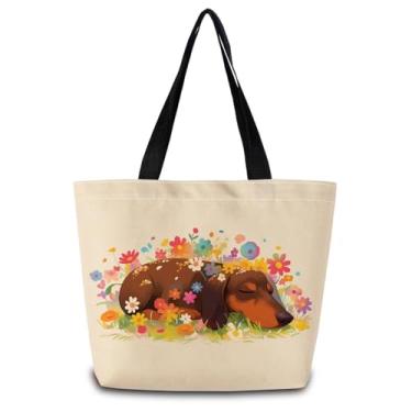 Imagem de ZhuVantrix Sacola de Dachshund floral reutilizável bolsa de compras estética bolsa de ombro com bolso interno com zíper elegante floral Dachshund presente para mulheres amantes de cães