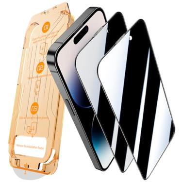 Imagem de JEHOO Pacote com 2 [Kit de alinhamento automático] Protetor de tela de privacidade para iPhone 14 Pro, vidro temperado, remoção automática de poeira anti-espião de 28°, antiarranhões, anti-impressão