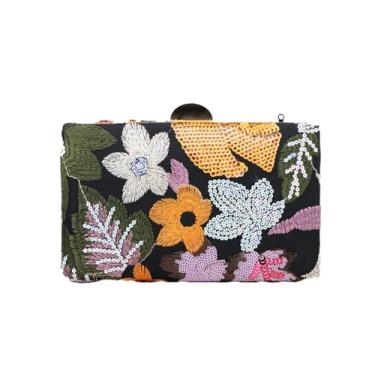 Imagem de Bolsa feminina bordada floral com lantejoulas brilhantes e elegantes para viagem na praia com corrente, Preto, Medium