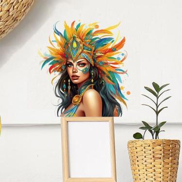 Imagem de Adesivo de parede Retrato de menina colorido com touca emplumada - yiw