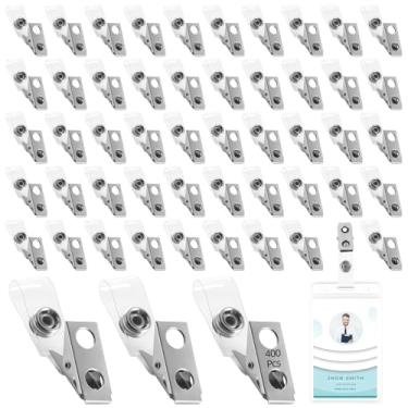 Imagem de 400 clipes de crachá de metal com tiras de PVC transparente, clipes de crachá de identificação de orifício duplo 8 x 1,3 cm, fáceis de abrir e fechar, porta-crachás universais para escritório, escola