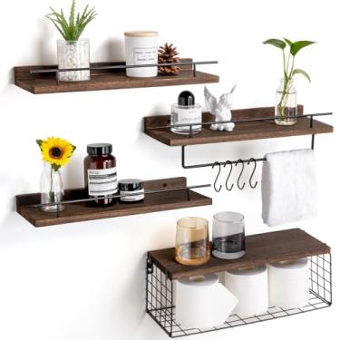 Imagem de SALA Prateleiras flutuantes de 4+1 camada para parede de banheiro, prateleiras de banheiro sobre vaso sanitário com toalheiro e cesta de armazenamento, prateleiras de parede de madeira rústica para