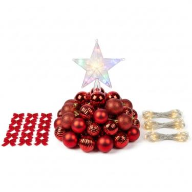 Imagem de Decore Sua Árvore! Kit Completo 41 Peças: 15 Bolas Vermelhas, Estrela Ponteira e Pisca-Pisca 100 LEDs Branco Frio 9m.