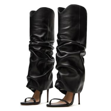 Imagem de Yishaweiqi Salto alto franzido despojado para mulheres, sem fecho, sandálias de cano alto, bico aberto, salto agulha, Preto, 42