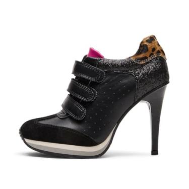 Imagem de Wnshonzy Tênis feminino salto alto camurça tênis esportivo elegante bico redondo conforto estilo stiletto moda gancho e laço plataforma vintage Y2k, Preto, 41