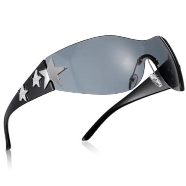 Imagem de Heclia Óculos de sol Y2K para mulheres e homens anos 2000 retrô sem aro envoltório estrela óculos de sol grandes sem moldura para dirigir ao ar livre ciclismo compras, óculos de sol pretos estéticos