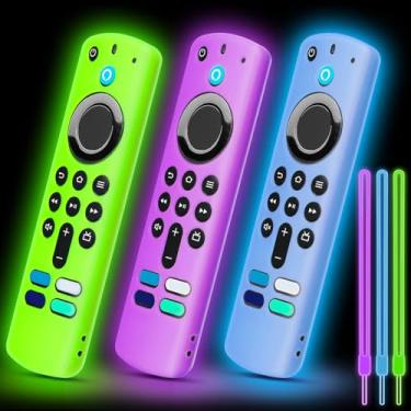 Imagem de Pacote com 3 capas de silicone para controle remoto compatível com FireTV Stick 4K/Alexa Voice Remote 3ª geração, capa protetora antiderrapante com cordão colorido que brilha no escuro (roxo brilhante